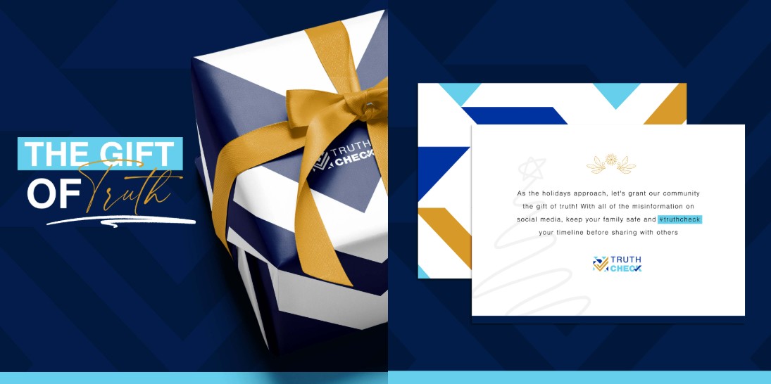 Graphics show image of a present in wrapping paper with a big bow.