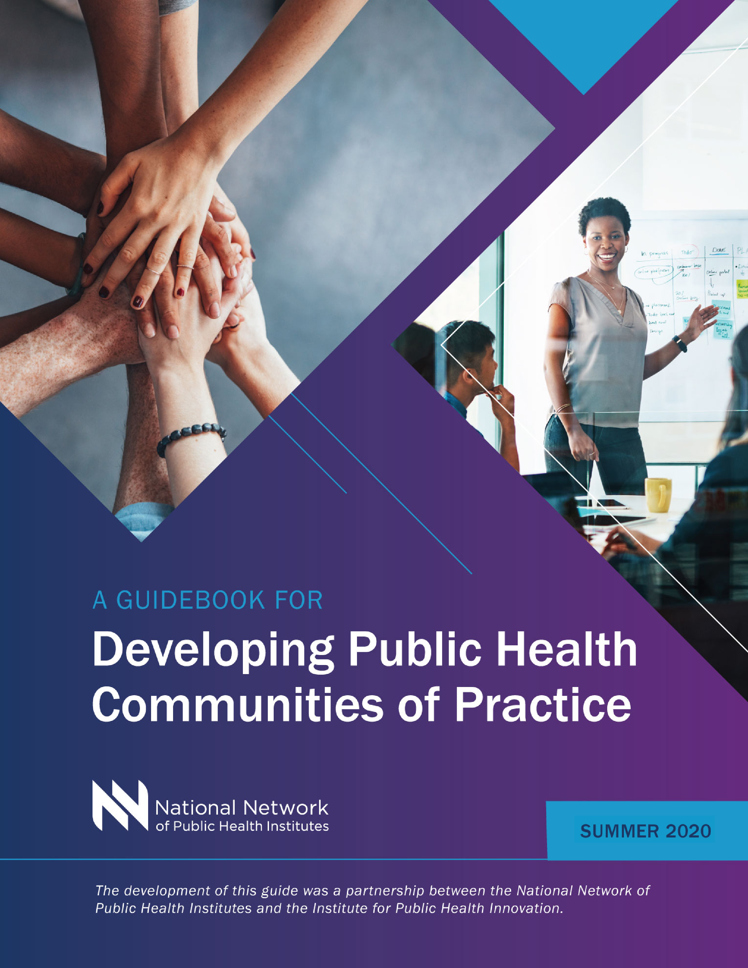 purple report cover showing a photos of hands clasped together and a Black woman giving a presentation