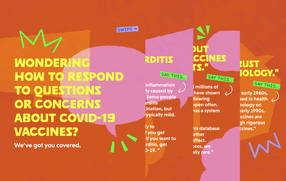 Four graphics with orange backgrounds and dialogue bubbles in the background explain how to answer questions or concerns about COVID-19 vaccines