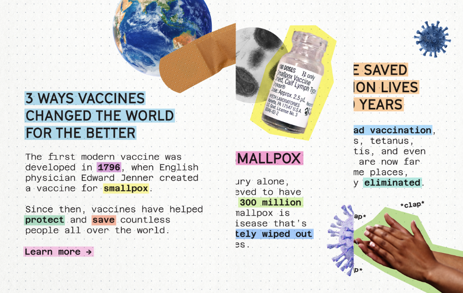 Three-slide graphic with a school notebook design. Slide 1 introduces the three ways vaccines changed the world for the better with historical reference to Edward Jenner's smallpox vaccine in 1796. Slide 2 explains that vaccines helped eradicate smallpox, which killed over 300 million people in the 20th century. Slide 3 states vaccines have saved over 150 million lives in 50 years and helped reduce or eliminate diseases like mumps, tetanus, chickenpox, hepatitis, and HPV.