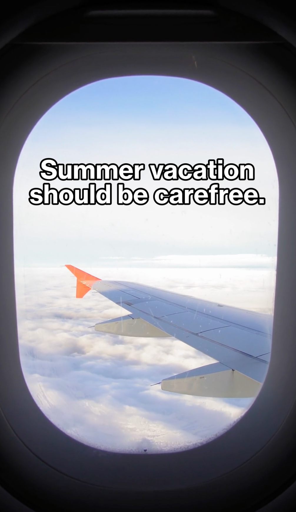 Video of an airplane take off and a school-aged child looking out the window. Natural airplane sounds are also paired with text that reads: “Summer vacation should be carefree. Keeping your family up to date on vaccines helps keep it that way.”