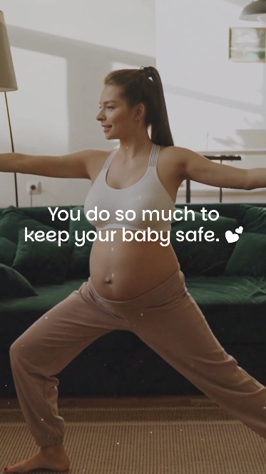 Video opens on a pregnant person doing yoga with the text: “You do so much to keep your baby safe.” Next frame shows an expecting couple and the text: “But did you know? Whooping cough can be deadly for babies.” Next clip shows a person holding a onesie and the text: “Getting vaccinated during pregnancy helps protect your newborn from whooping cough.” The final clip shows someone getting a sonogram and the text: “Ask your doctor about getting the Tdap vaccine today.”