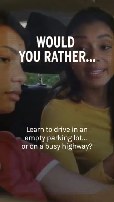 Opens on a teen driver and text: “Would you rather teach your teen to drive in an empty parking lot or on a busy highway?” Next clip shows someone shutting their computer and text: “Would you rather install antivirus software or download malware to ‘learn from it’?” Next clip shows a child with a Band-Aid and text: “Would you rather build immunity the safe way or risk it all?” Final clip reads: “Vaccines are the safest way to get immunity against dangerous diseases” and shows the El Beacon logo.