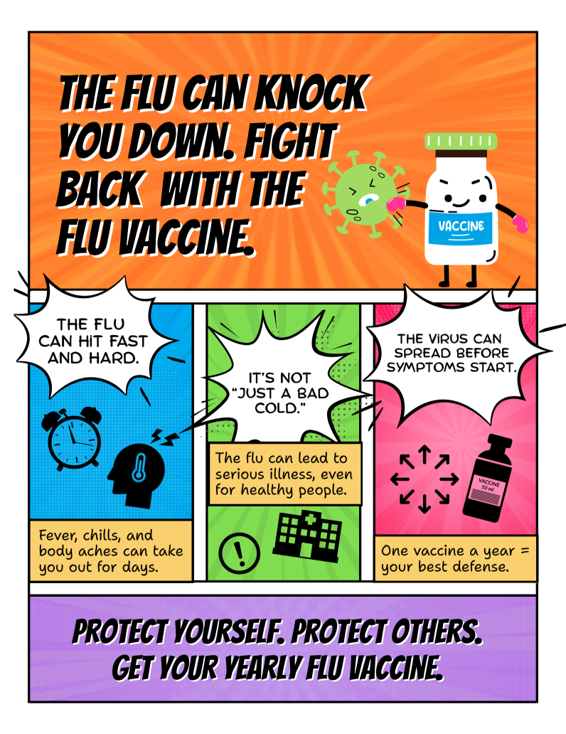 Comic-style graphic with bold text that says, “The flu can knock you down. Fight back with the flu vaccine.” Panels below read: “The flu can hit fast and hard. Fever, chills, and body aches can take you out for days.” “It’s not just a bad cold. The flu can lead to serious illness, even for healthy people.” “The virus can spread before symptoms start. One vaccine a year = your best defense.” Bottom text: “Protect yourself. Protect others. Get your yearly flu vaccine.”