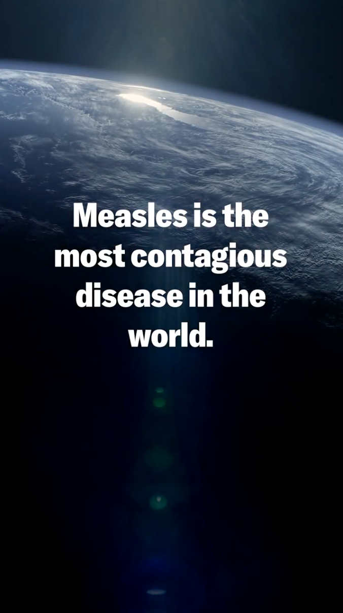 Video uses human silhouettes to represent the number of unprotected individuals who can be infected by one person with a disease. On the left, there are 18 silhouettes for measles. A rotating split-screen on the right shows 9 silhouettes for chickenpox, 3 for the common cold, and 2 for the flu. The last frame shows a family with young children and text on screen: "Two doses of the MMR vaccine helps to protect your family from measles."