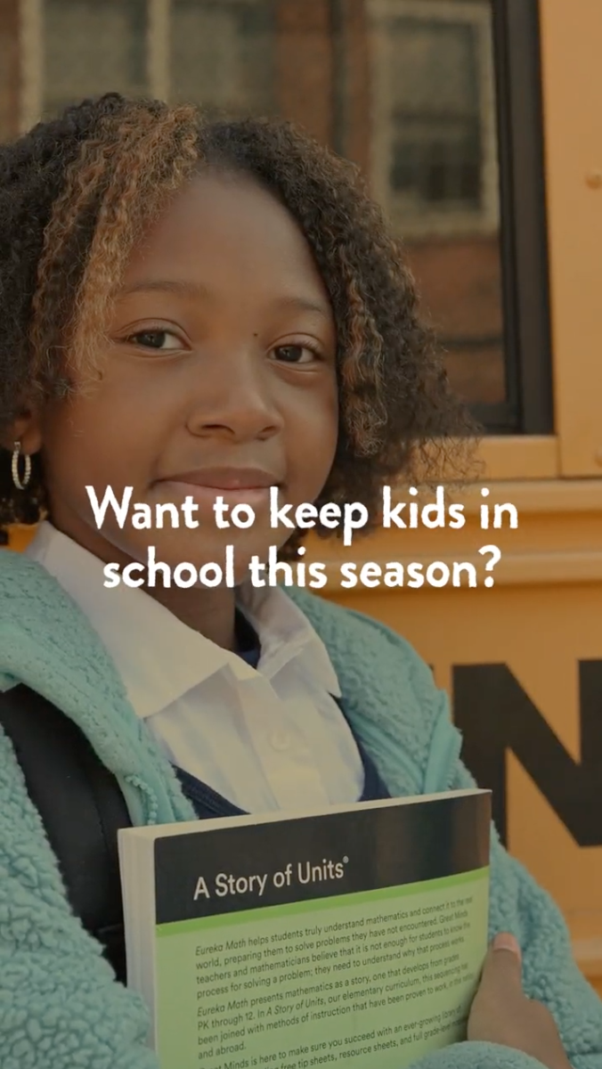 Video rotates through clips of students of different ages at school reading and doing activities. Text reads: “Want to keep kids in school this season? Flu and COVID-19 vaccines help prevent sick days and missed class. Young kids are more vulnerable. Give their immune systems a boost!”