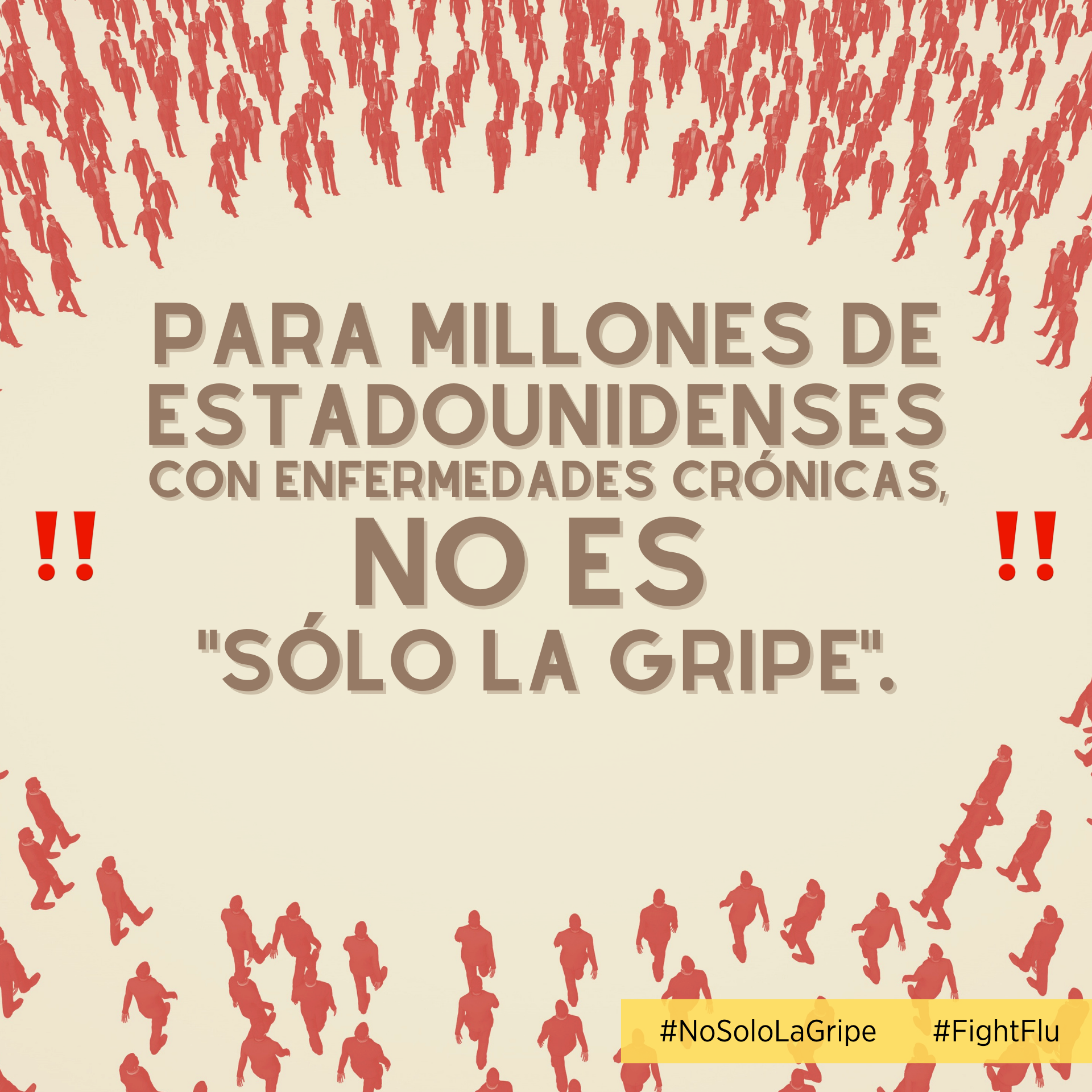 Cartoon image of a crowd of red figures around text reading, "For millions of Americans with chronic conditions, it’s not “just” the flu. Did you know that flu vaccination has been shown to reduce the risk of flu-related hospitalization in people with diabetes by almost 80%?"