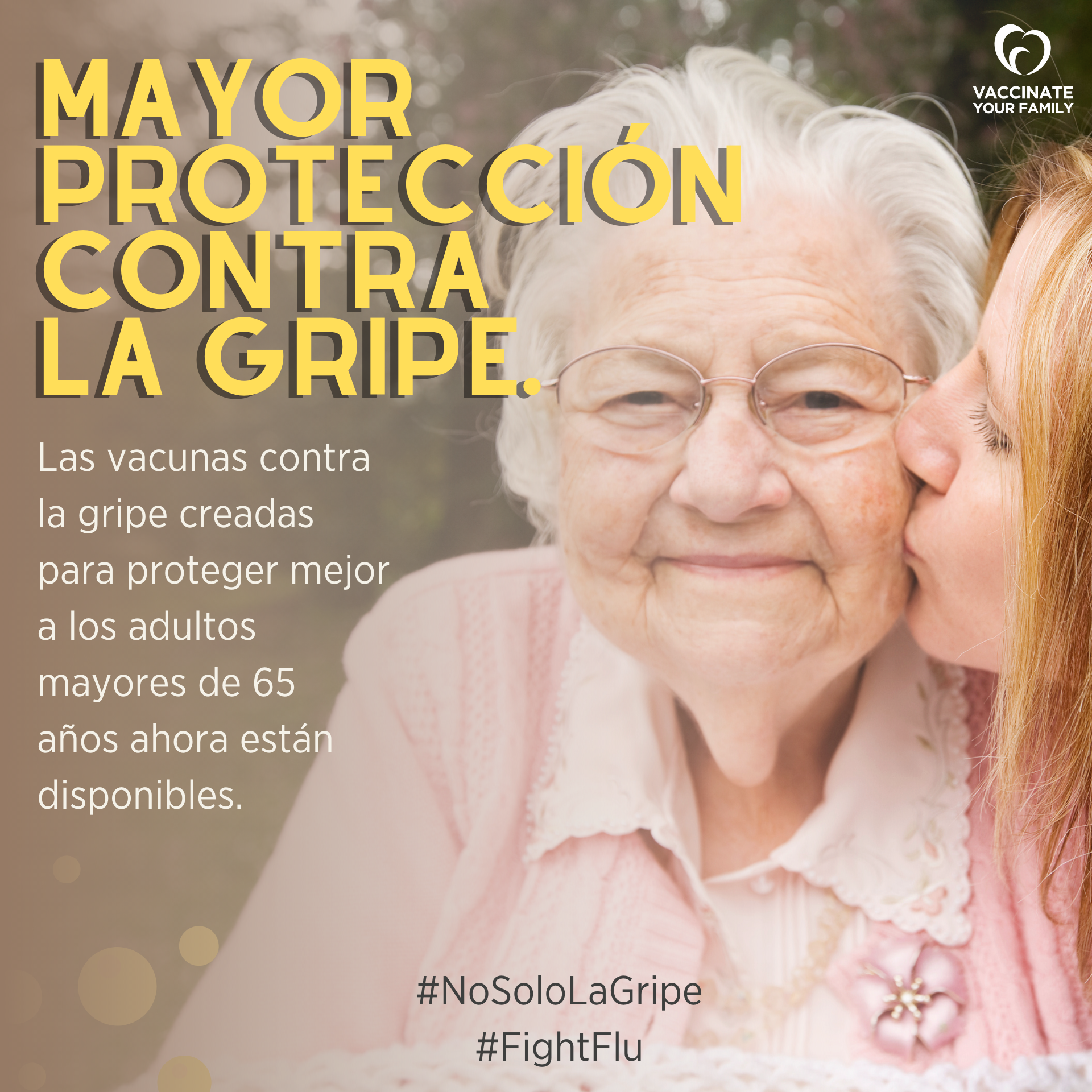 A white senior woman wearing glasses smiles. Text reads, "Enhanced protection against the flu. Flu vaccines created to better protect adults 65+ now available."