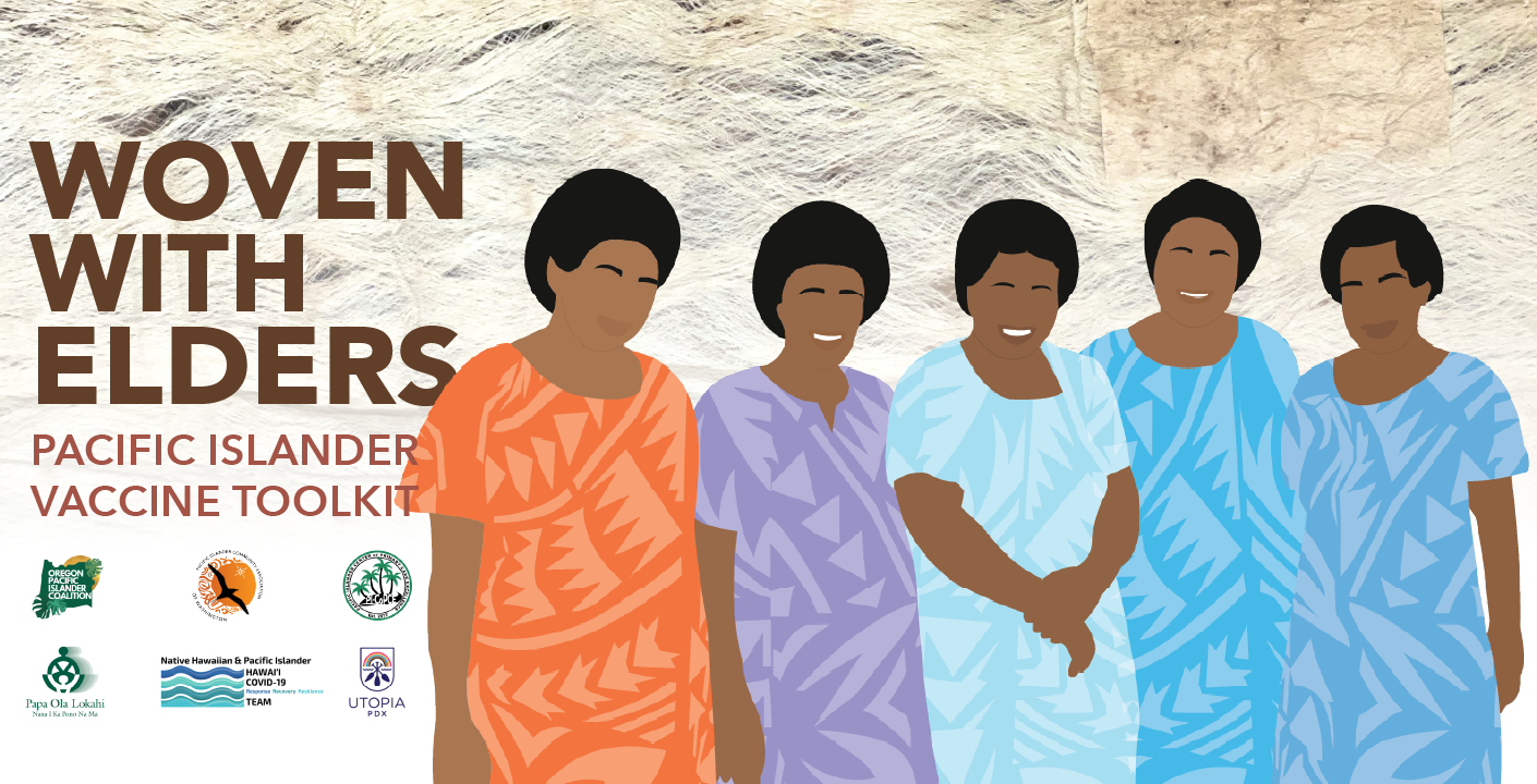 Cartoon image of Pacific Islander women wearing patterned, colorful dresses. 