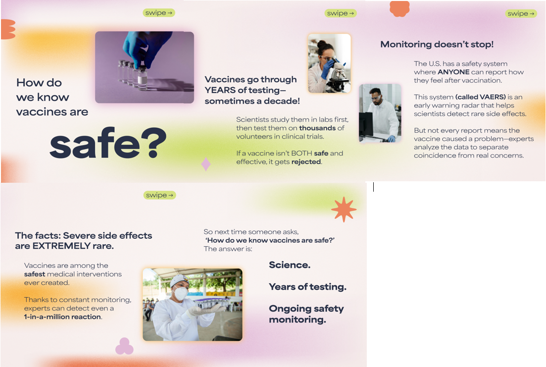 Graphics show the following images: a blue gloved hand placing a vaccine vial on a table, a scientist looking through a microscope, a scientist looking at a computer monitor, a healthcare provider in a mask carrying a series of vaccine vials.