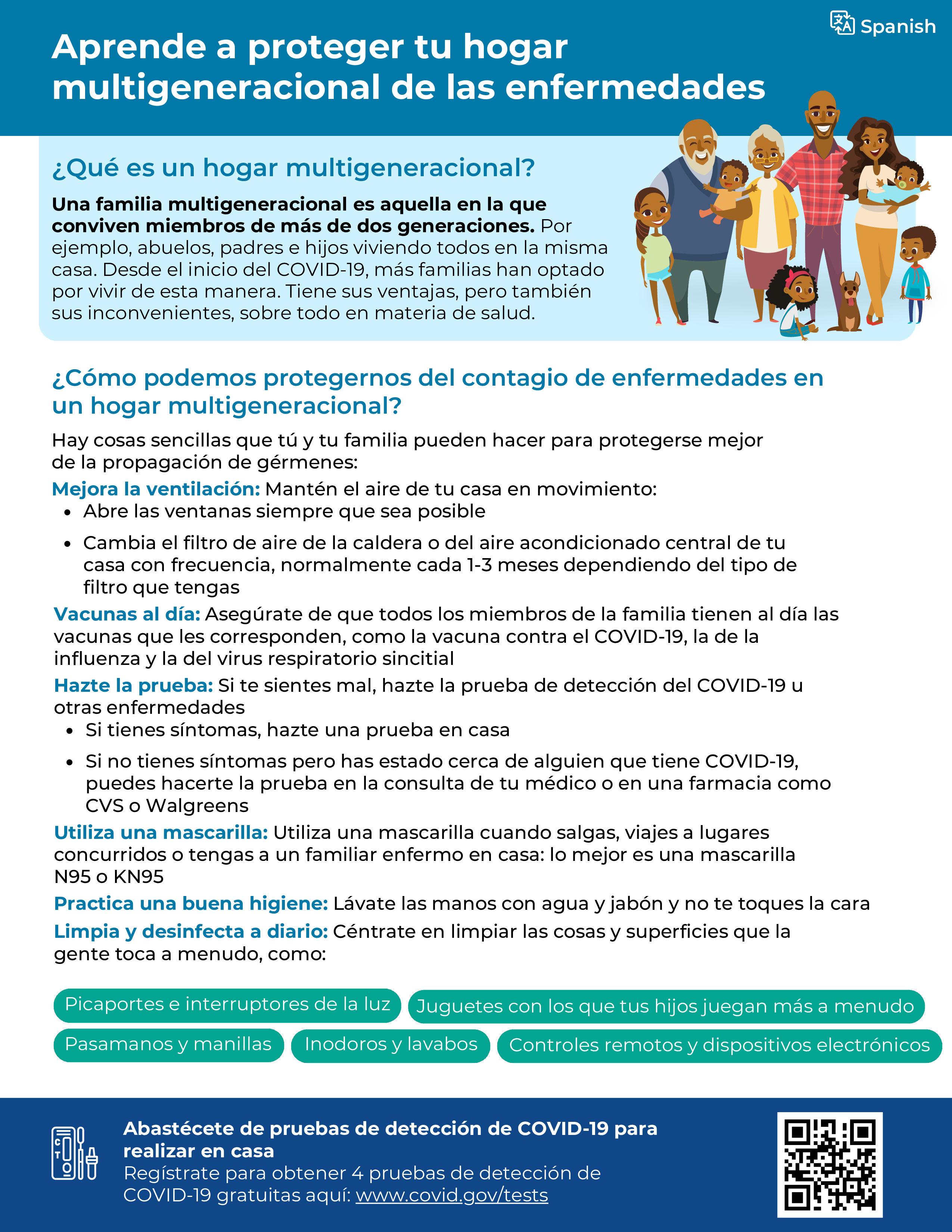 Factsheet shows a cartoon image of a multigenerational Black family, with every age from grandparents to babies represented.