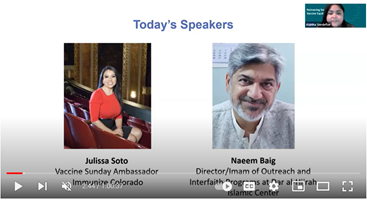 webinar slide showing a Latina woman and Muslim man who will be presenting during the webinar