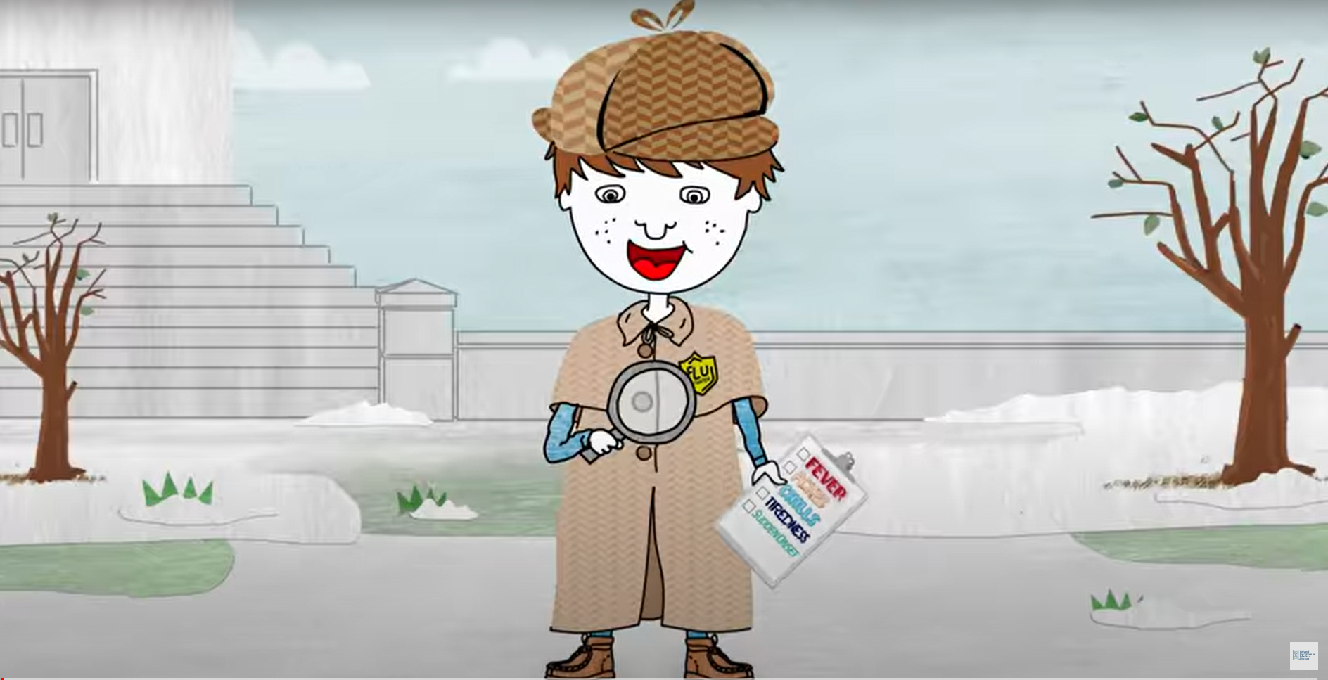 A boy dressed as a detective has a badge that says "flu" and holds a magnifying glass and a clipboard with flu symptoms.