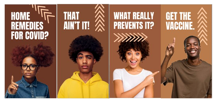 Brown background with picture of one Black teenager per image across four static images.  Two guys and two girls in total. Each are pointing to a phrase in the graphic