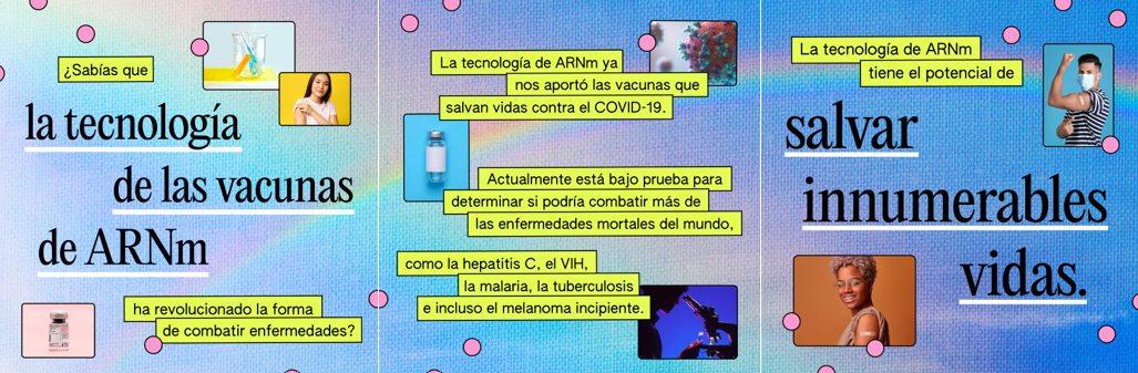 A three-paned carousel image with blue background discussing mRNA vaccine technology, with images of vaccine vials, microscopes, viruses and three people of color displaying band aids on their arm, indicating a recent vaccination.