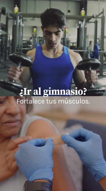 Top half shows person in blue tank top doing bicep curls with heavy weights. Bottom half shows someone getting a bandage on their arm after a vaccination. Text on screen reads: "Hitting the gym? Strengthens your muscles. Getting your flu vaccine? Strengthens your immune system."