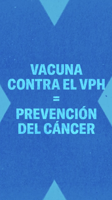 Bold blue font reads: "HPV vaccine = cancer prevention." In the background, large X-shaped illustrations loop around the text.