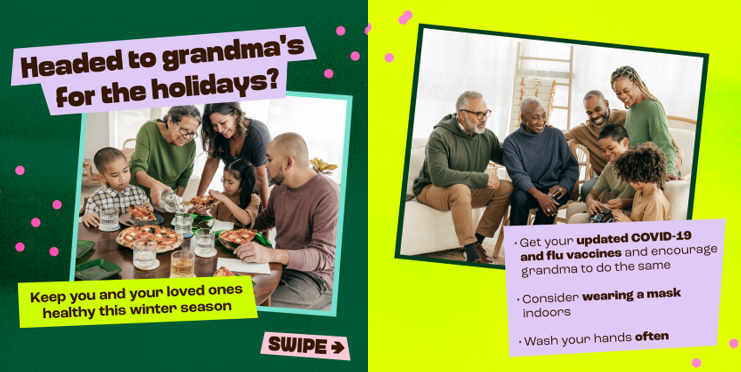 Image with two panels, first includes a Latino family enjoying a meal together and second includes a Black family sitting together and smiling.