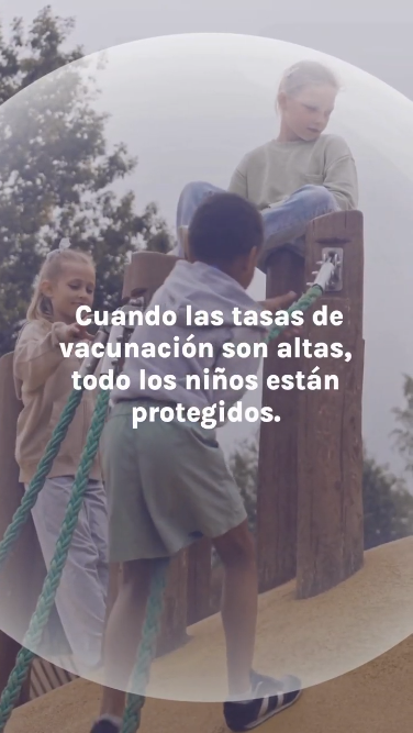 Video shows kids surrounded by a protective bubble. Text: "When vaccination rates are high, every kid is protected." Clip of a sick child and text: "Community vaccination even protects those who are unable to get vaccinated because of a medical issue." Then, the bubble bursts. Text: "But when vaccination rates drop, kids lose protection.” Video ends on kids playing and the bubble growing back with text: “Vaccination isn’t just about one child. It’s about every child on every playground."