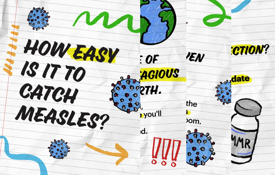 White notebook paper-like graphic with waves of different colors and blue illustrations of bacteria with text that reads "How easy is it to catch measles?""Measles is one of the most contagious viruses on earth. If you're not vaccinated, there's a 9 in 19 chance you'll get it after being near someone who's infected."