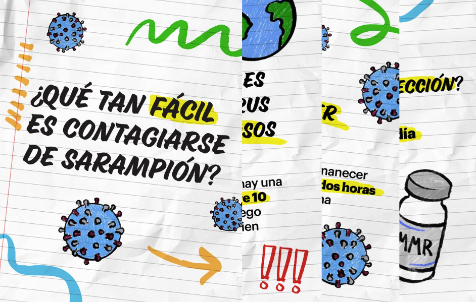 White notebook paper-like graphic with waves of different colors and blue illustrations of bacteria with text that reads "How easy is it to catch measles?""Measles is one of the most contagious viruses on earth. If you're not vaccinated, there's a 9 in 19 chance you'll get it after being near someone who's infected."