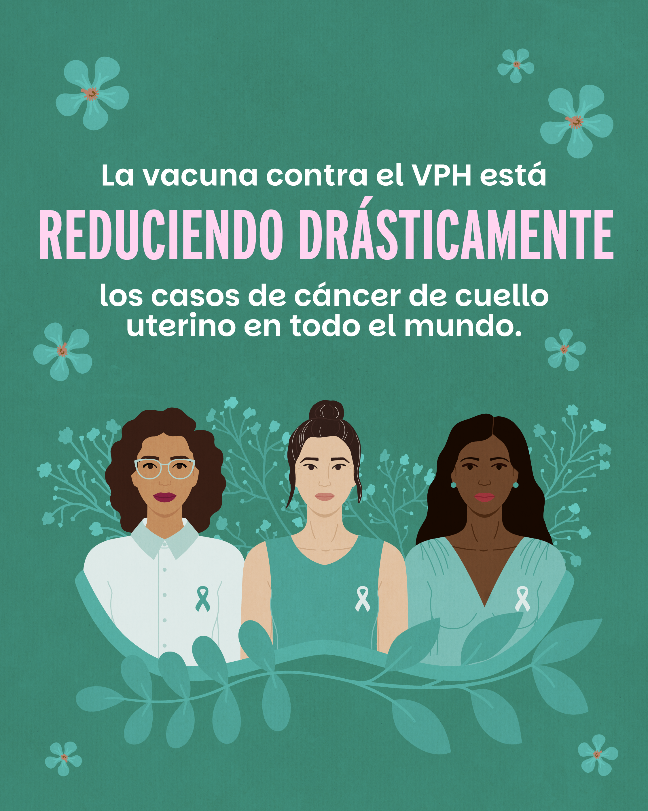 An illustrated graphic with a teal background and small floral accents. Centered text reads, “The HPV vaccine is dramatically reducing cases of cervical cancer around the world.” Below the text are three illustrated women, each wearing a teal awareness ribbon.