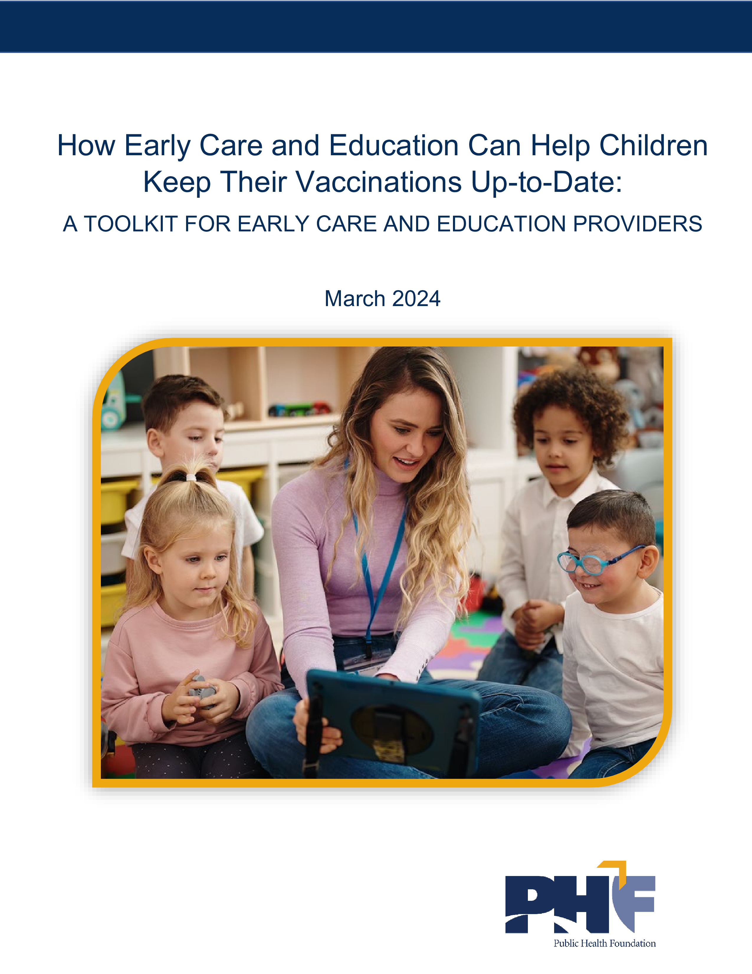 Title page of toolkit shows a teacher with a tablet sitting on the floor surrounded by four young students.