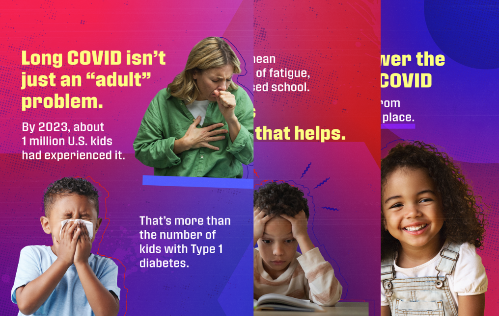 A set of three graphics. The first graphic shows a woman coughing and a child blowing his nose. The second shows a child sitting at a desk with his hands in his hair trying to read a book. The third shows a girl smiling.