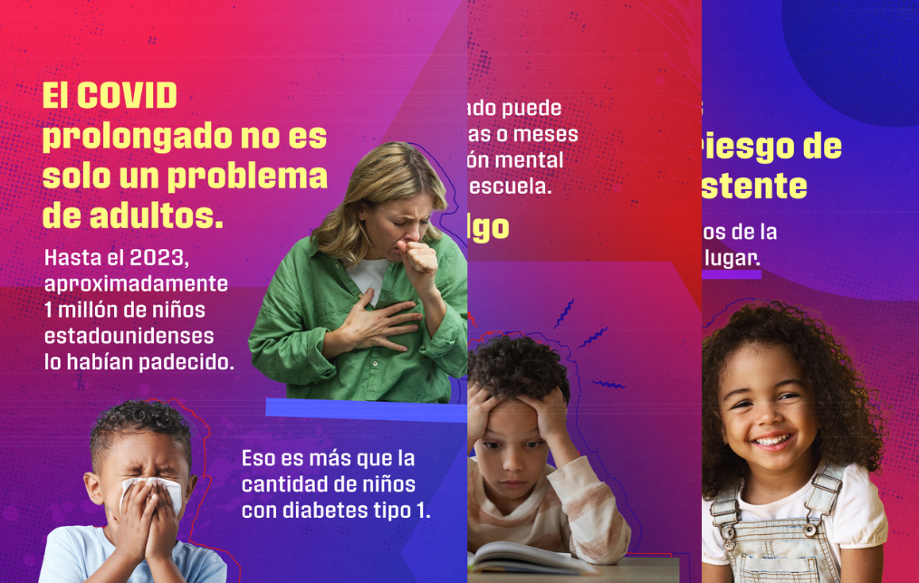 A set of three graphics. The first graphic shows a woman coughing and a child blowing his nose. The second shows a child sitting at a desk with his hands in his hair trying to read a book. The third shows a girl smiling.