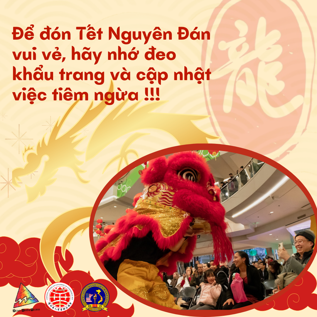 Lunar new year themed graphic features a crowd of Asian people celebrating the Lunar New Year