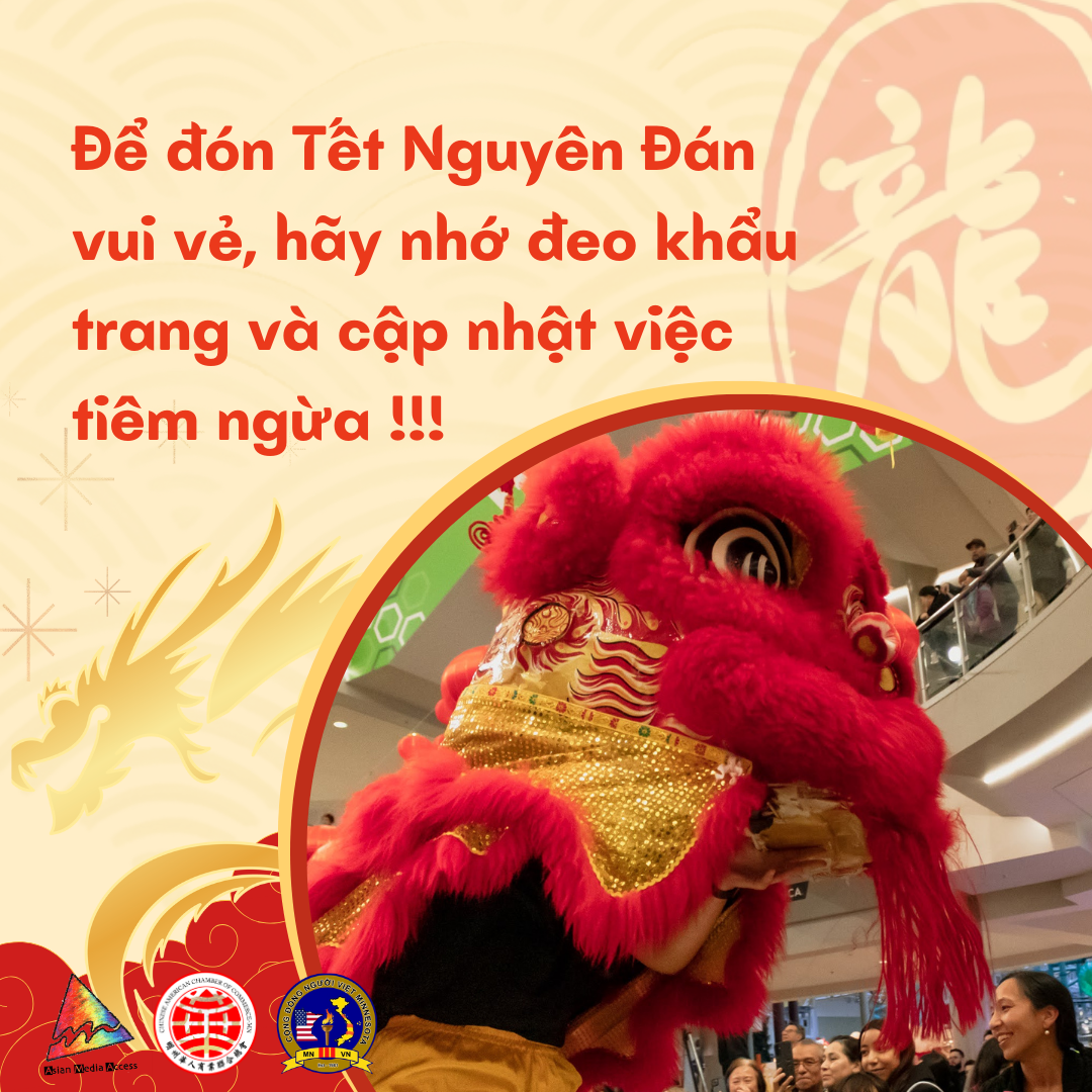 Lunar new year themed graphic features a crowd of Asian people celebrating the Lunar New Year