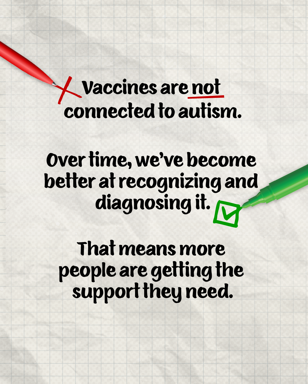 Graphic with a notebook paperlike background with a red pen on the top left corner writing an X and a green pen on the middle left writing a checkmark. Text reads “Vaccines are not connected to autism. Over time we’ve become better at recognizing and diagnosing it. That means more people are getting the support they need.” 