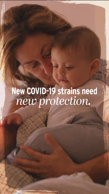 Video shows clips of grandparents smiling with their grandchildren. Text throughout the video reads: “New COVID-19 strains need new protection.” Ends with the El Beacon logo on a light pink background.