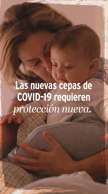 Video shows clips of grandparents smiling with their grandchildren. Text throughout the video reads: “New COVID-19 strains need new protection.” Ends with the El Beacon logo on a light pink background.