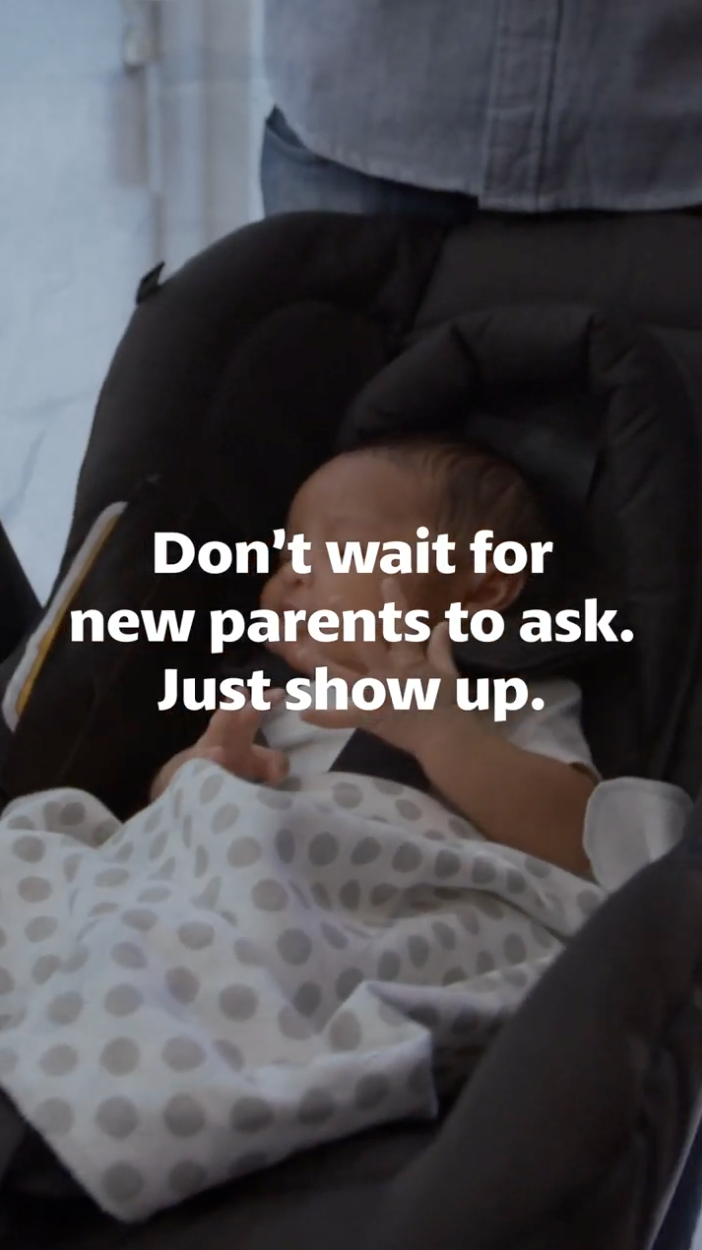 This video shares simple ways to show up for new parents, including delivering food, spending time with older children, and staying up to date on Tdap, flu, and COVID-19 vaccines to help protect the baby.