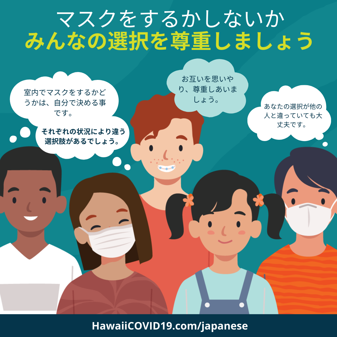 Image with five children from different ethnic backgrounds, some wearing masks and some not. The image is titled 'Mask or no mask: Respect everyone's choice'