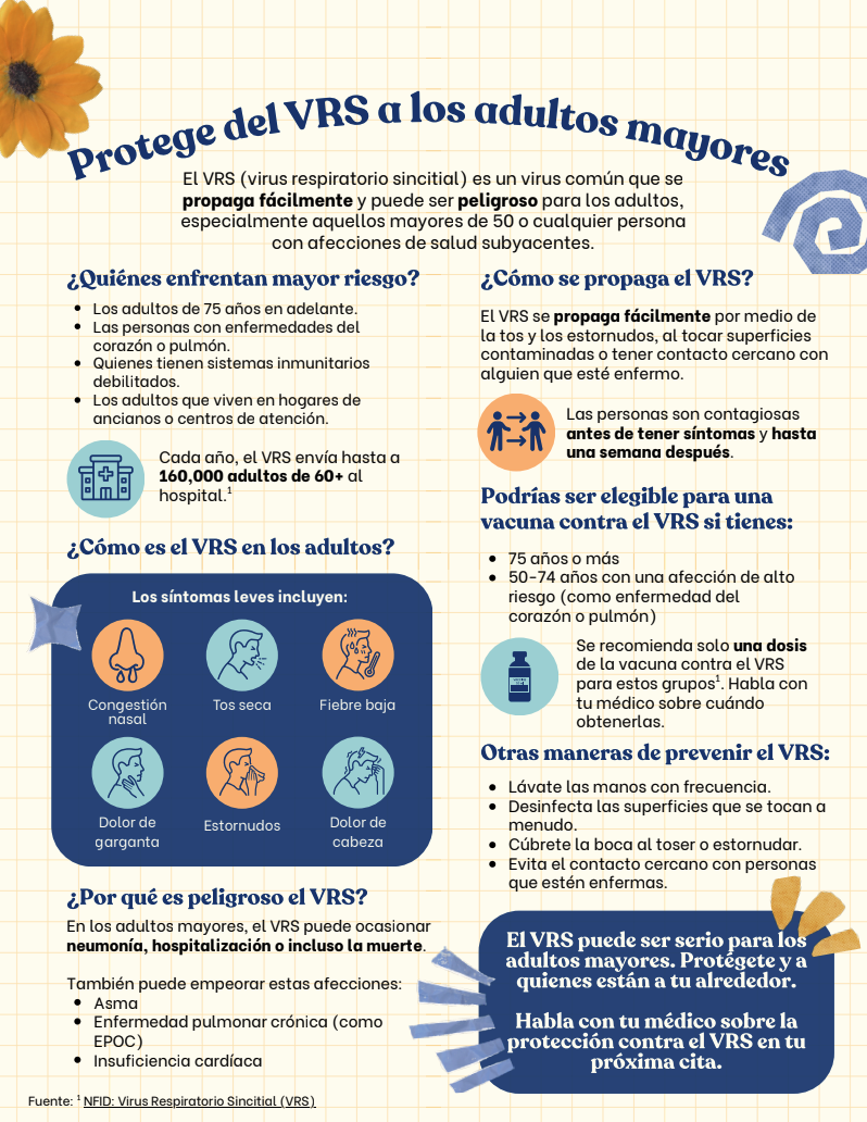 Flyer reminds older adults to protect themselves from RSV. It explains that adults 75 or older, immunocompromised people, people with hear and lung disease, and adults living in nursing homes are at higher risk. Explains how RSV spreads, what the symptoms look like in adults including dry cough and low-grade fever. Final message, "RSV can be serious for older adult. Protect yourself and those around you." "Talk to your doctor about RSV protection at your next visit."