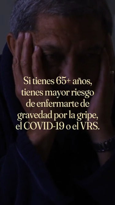 Video opens on an older adult reading a medication bottle while on the phone with text that reads: "You know your health best." Next clip is an older adult who is sick and reads: "If you're 65 or older, you're at higher risk of getting very sick from the flu, COVID-19, or RSV." Last clip shows a doctor talking to an older adult and reads: "Talk to your doctor about the vaccines that can protect you this virus season."