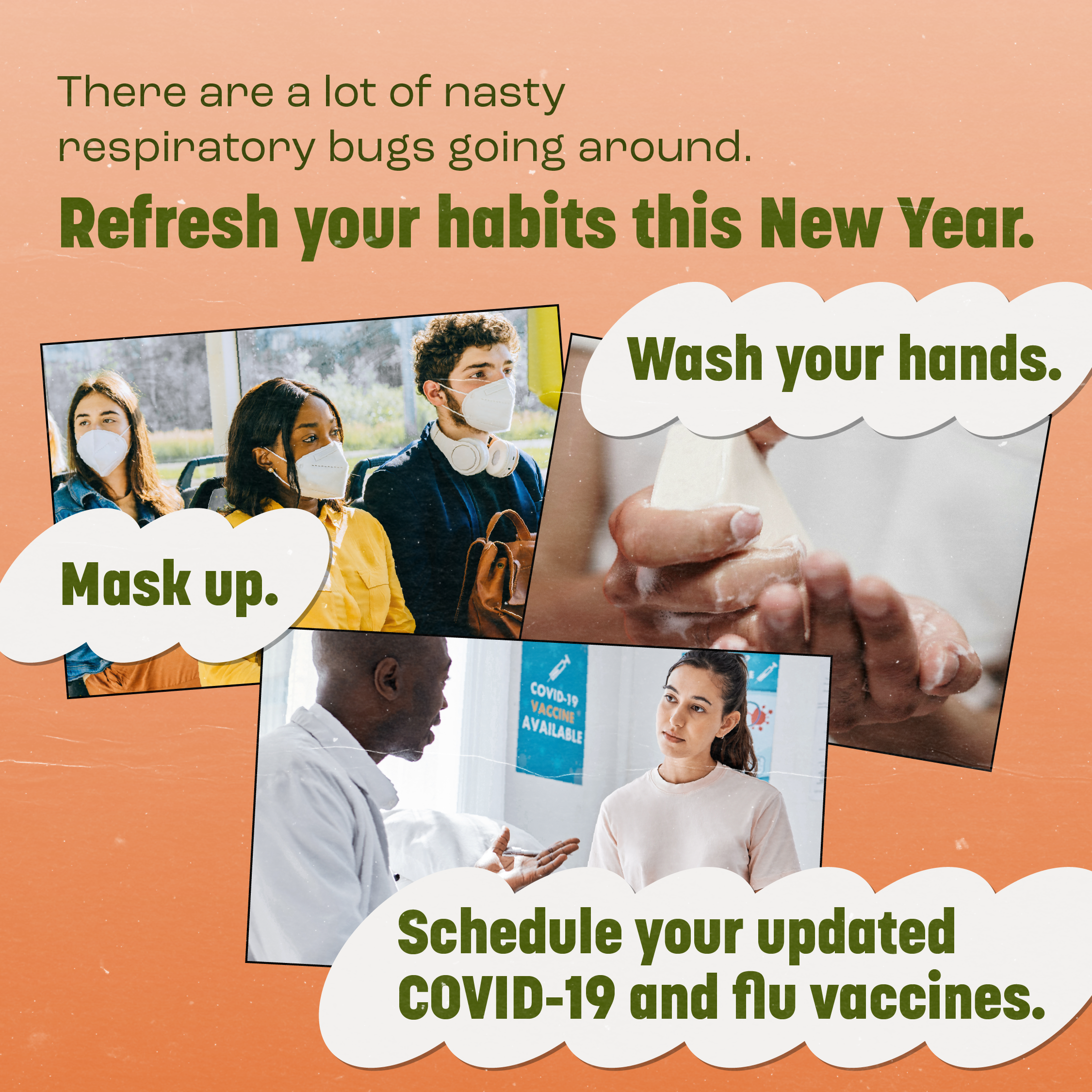 Images contains 3 photographs including a group of young people wearing masks on a bus, picture of hands being washed, and a Black health care provider talking to a white young woman