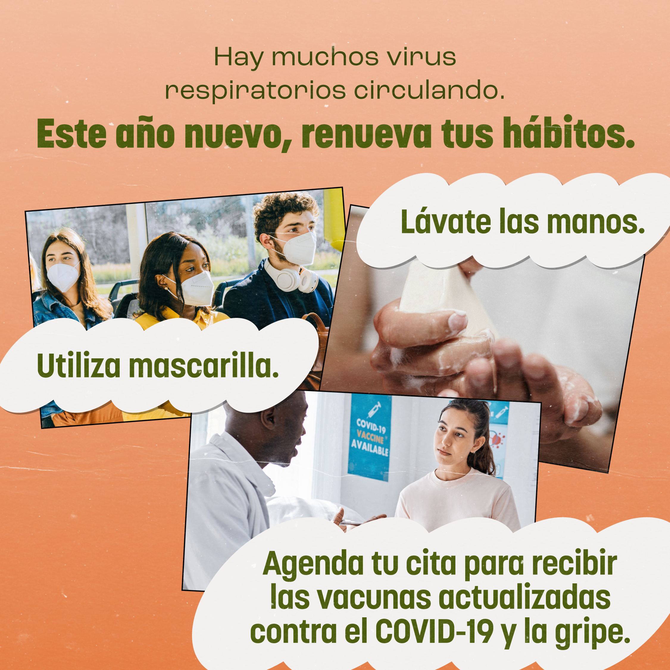 Images contains 3 photographs including a group of young people wearing masks on a bus, picture of hands being washed, and a Black health care provider talking to a white young woman