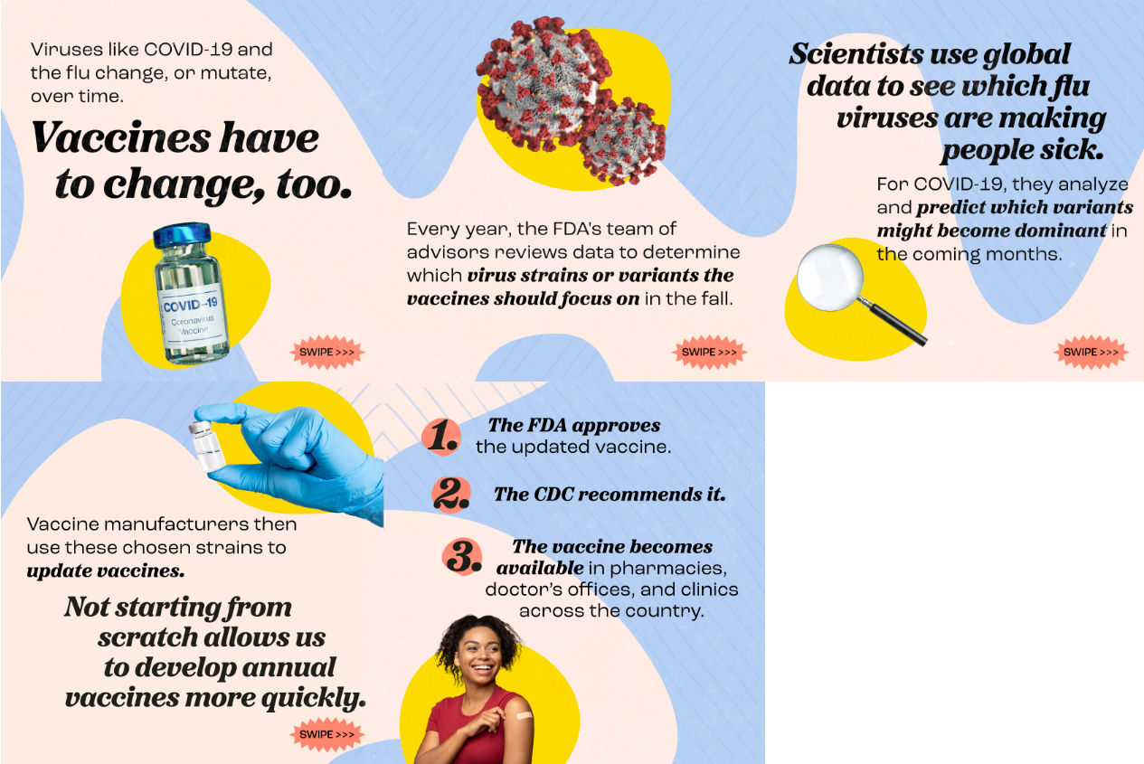 Image with five panels, including a vaccine vial, COVID-19 virus, a magnifying glass, another vial being held by a gloved hand, and a Black woman smiling while pointing at the bandage on her arm.