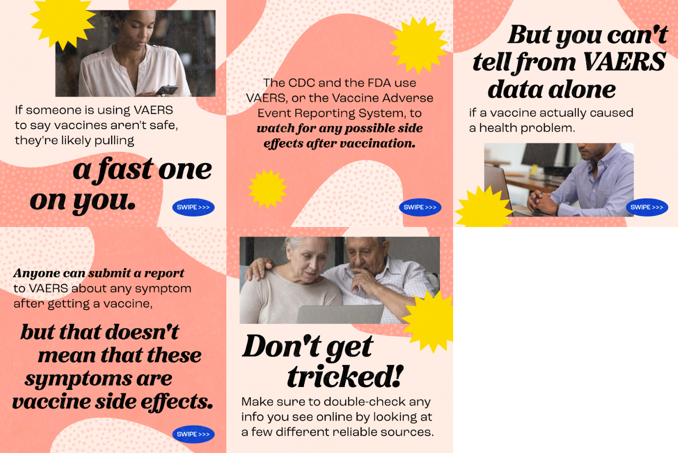 Graphics show a Black woman looking down at her cellphone, a man on his computer, and an older man and woman looking at a laptop together with concerned expressions.