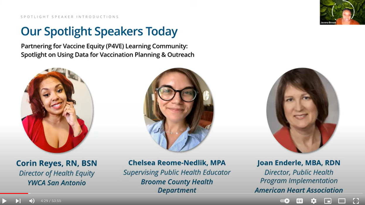 Power point slide features headshots of a Black woman speaker and two white woman speakers.  