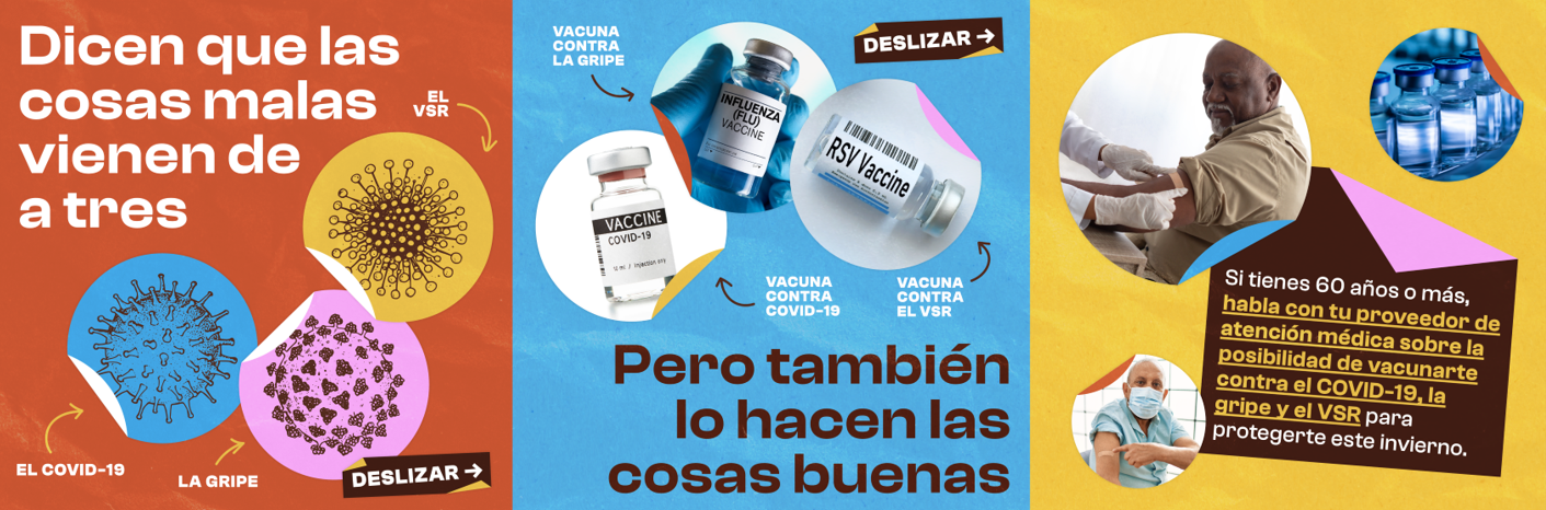 Three panel image shows cartoon illustration of the COVID, RSV, and flu virus, vaccine vials for COVID, RSV, and flu, and a photo of an older Black man getting a band aid after a vaccination