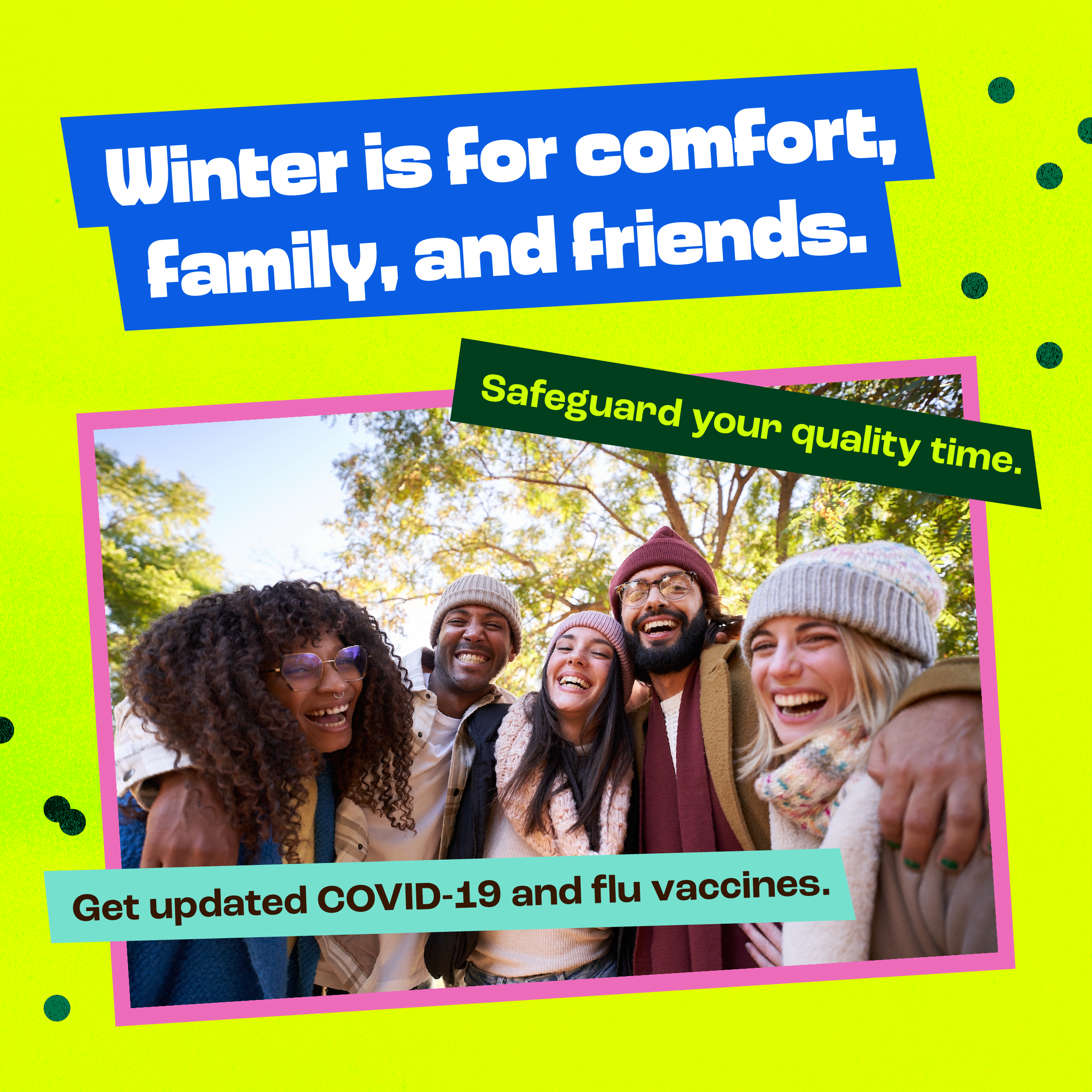 A multiracial friend group smiles and takes a group photo outside. 