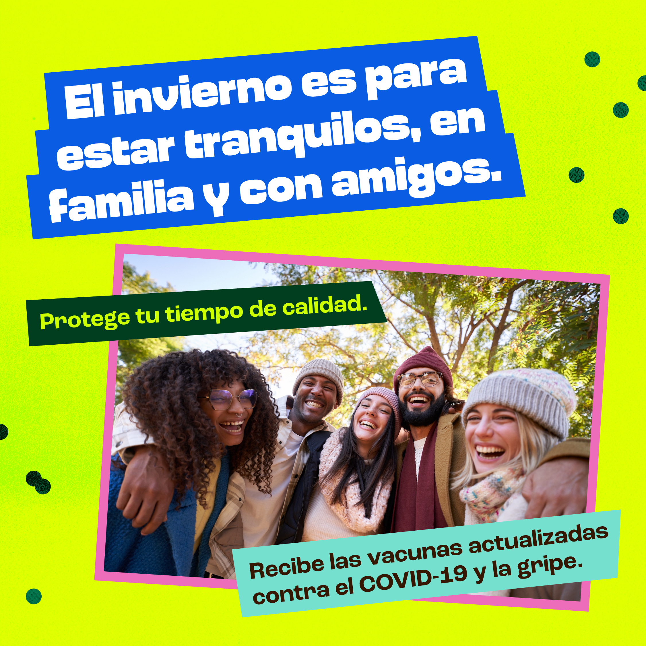 A multiracial friend group smiles and takes a group photo outside. 