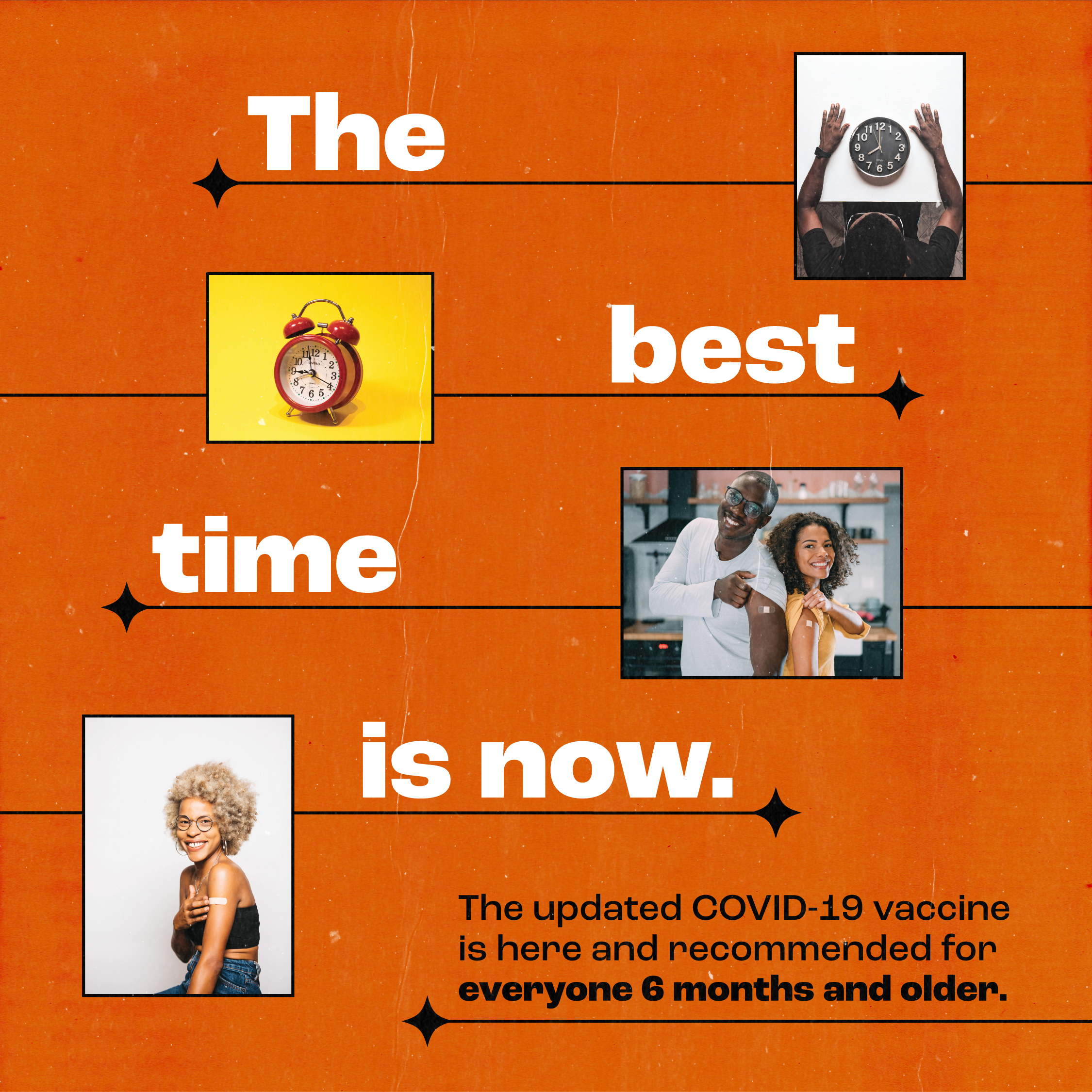 Social media post includes photographs of two clocks, a photograph of a Black man and woman showing their vaccine Band-Aids on their shoulder, and an older Black woman pointing to a band aid on her shoulder.