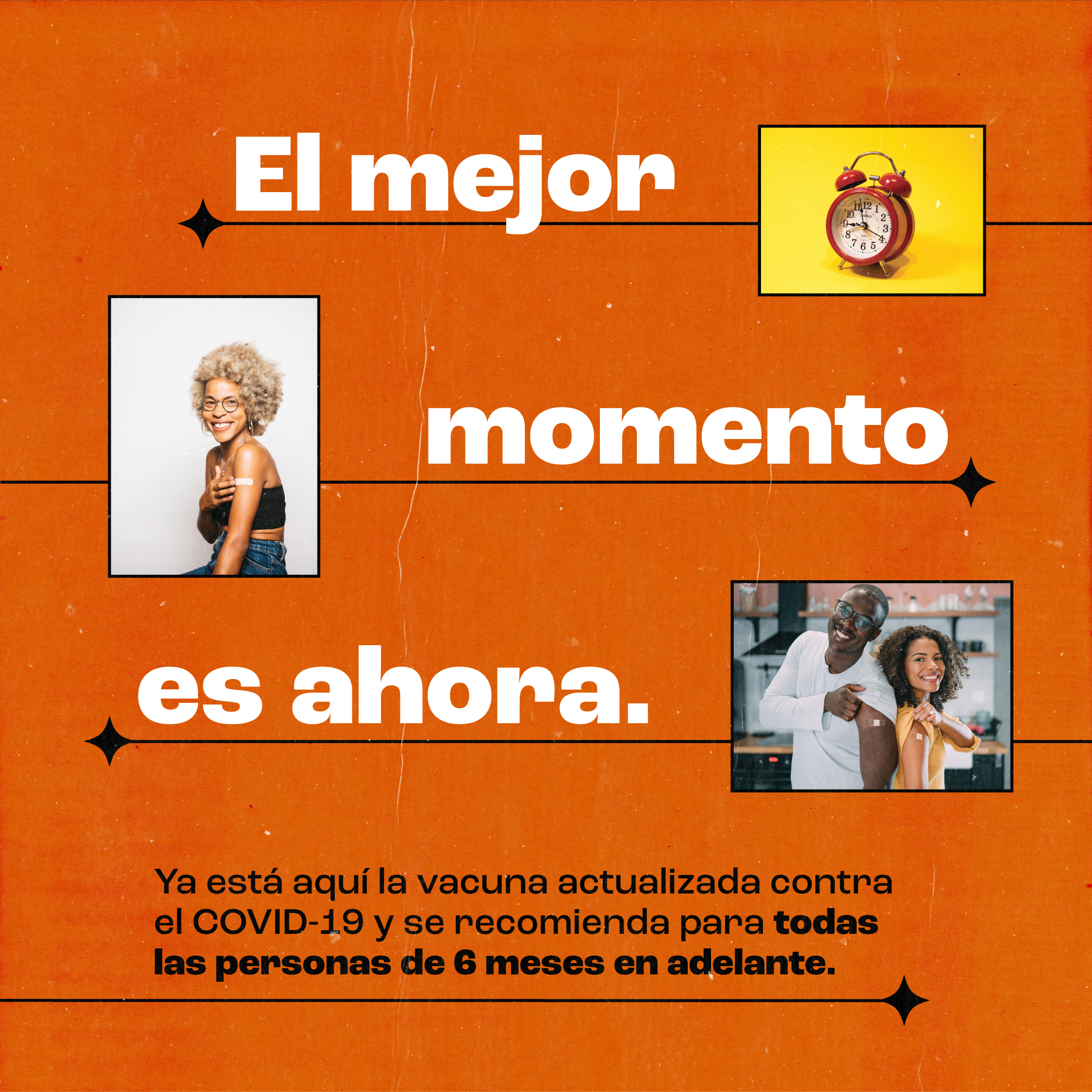 Social media post includes photographs of two clocks, a photograph of a Black man and woman showing their vaccine Band-Aids on their shoulder, and an older Black woman pointing to a band aid on her shoulder.