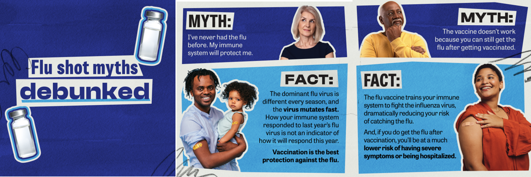 Panel of three images shows multiple pictures including a white woman looking pensive, a Black man holding his daughter, an older Black man looking pensive, and a Black woman showing off a bandage on her shoulder