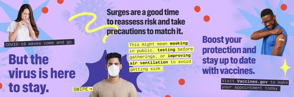 Set of images includes a photo of a woman sneezing into a tissue, a man wearing a mask, and a young Black man showing a band aid on his shoulder